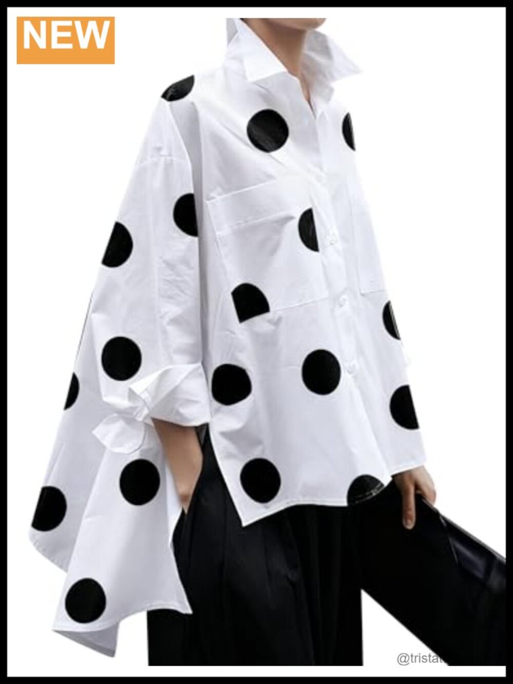 Women's Loose Flowy Polka Dot Long Sleeve Button Down Blouse with Side Slit